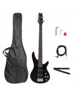 Glarry GIB Electric 5 String Bass Guitar Full Size Bag Strap Pick Connector Wrench Tool Black